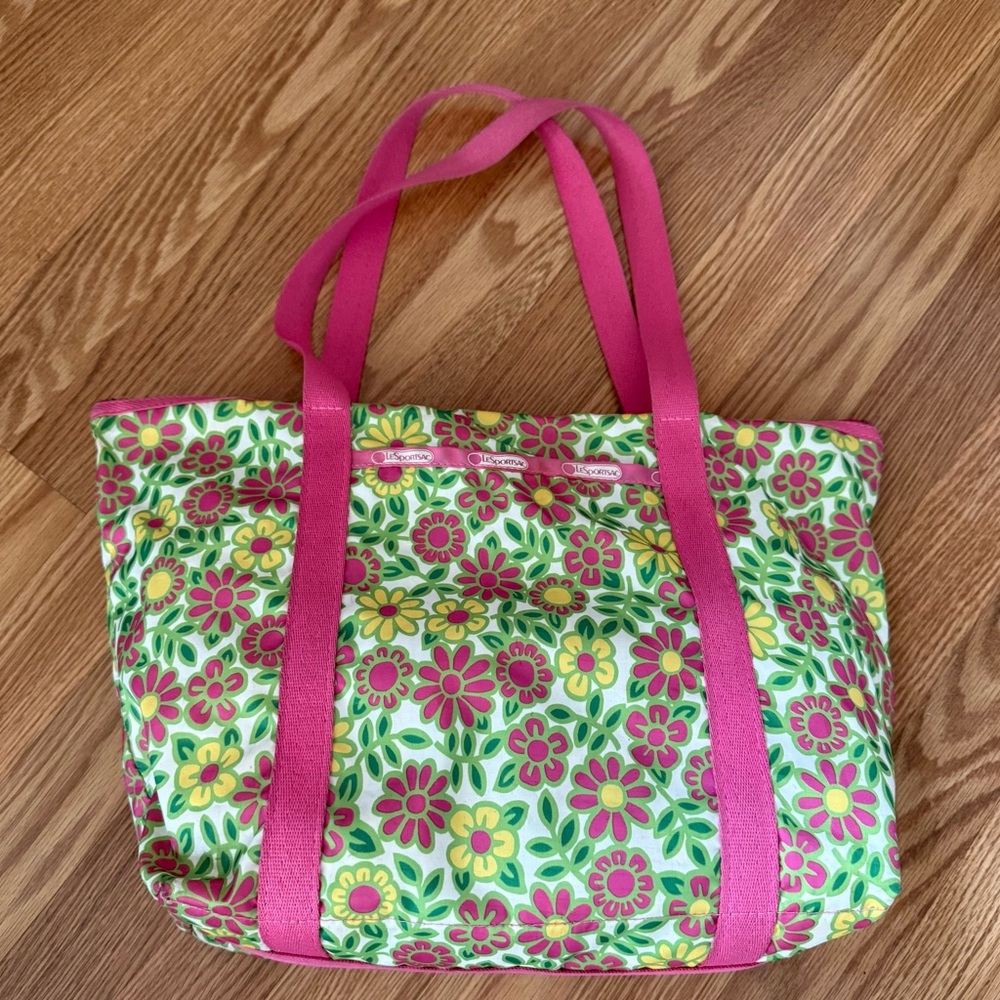 Lesportsac nylon zippered floral Shopper‎ Tote Bag pink yellow green
